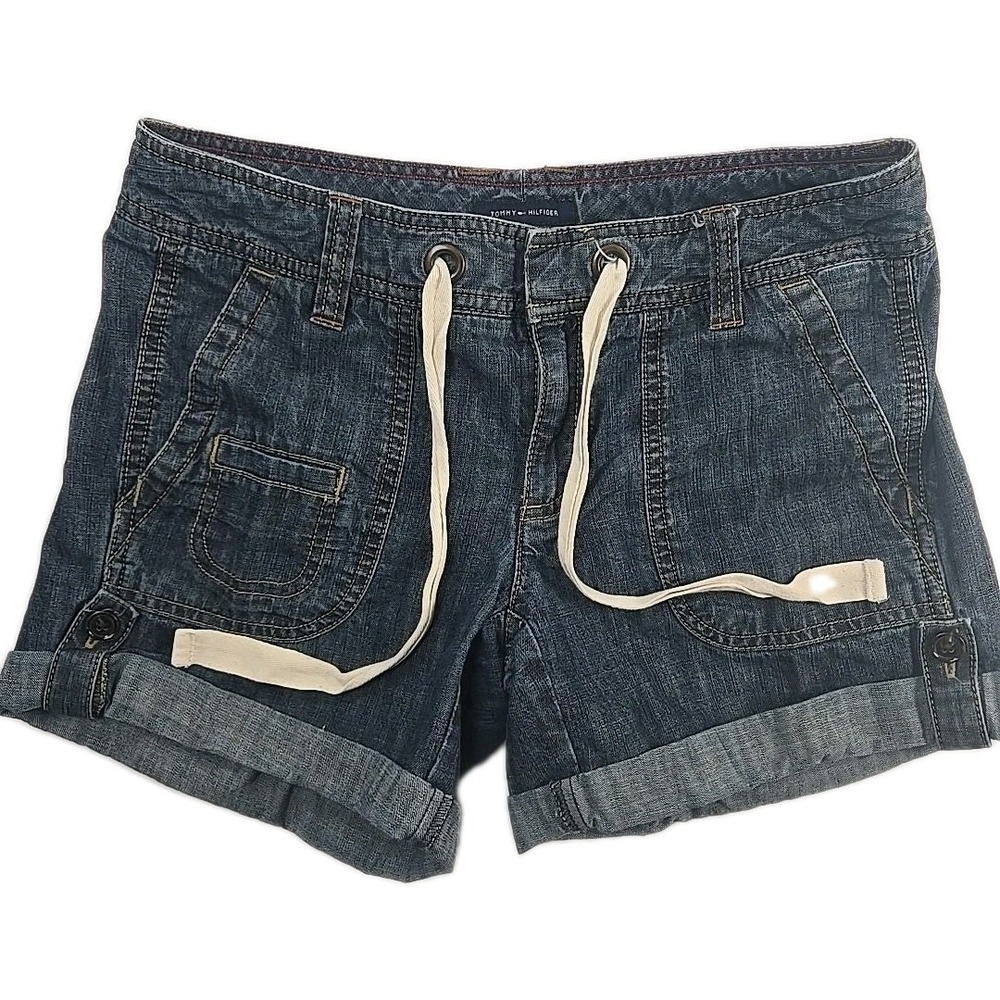 Womens Shorts Size 0 Tommy Hilfiger Roll-Tab‎ Drawstring Denim Shorts Cotton